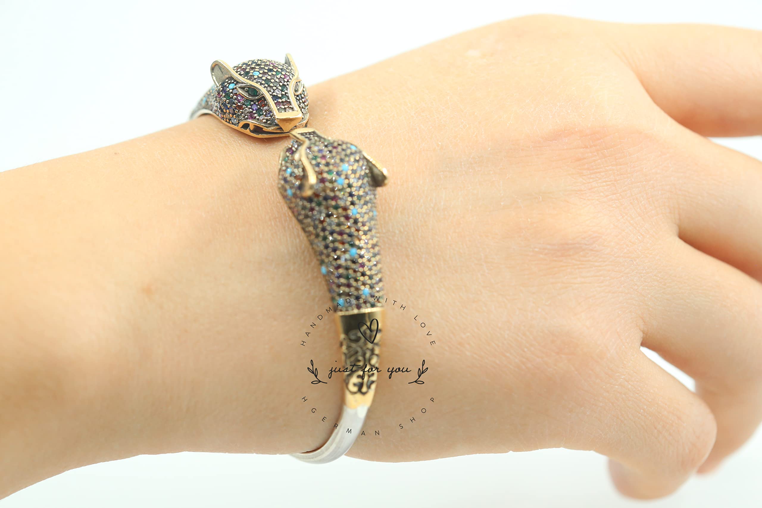 Jaguar Panther Leopard Cubic Zircon Sterling Silver Bracelet for Women - Big Cat Animal Jewelry Gift, Adjustable Free Size - Perfect for Parties, Date Nights & Fashion Accessories