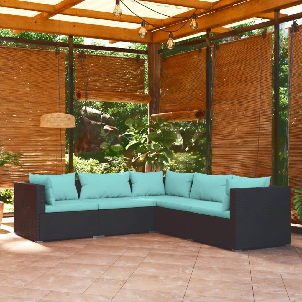 vidaXL 5-Piece Patio Lounge Set - Outdoor Garden Furniture, Black Poly Rattan Sectional Sofa with Cushions - Perfect for Backyard, Poolside & Patio Relaxation