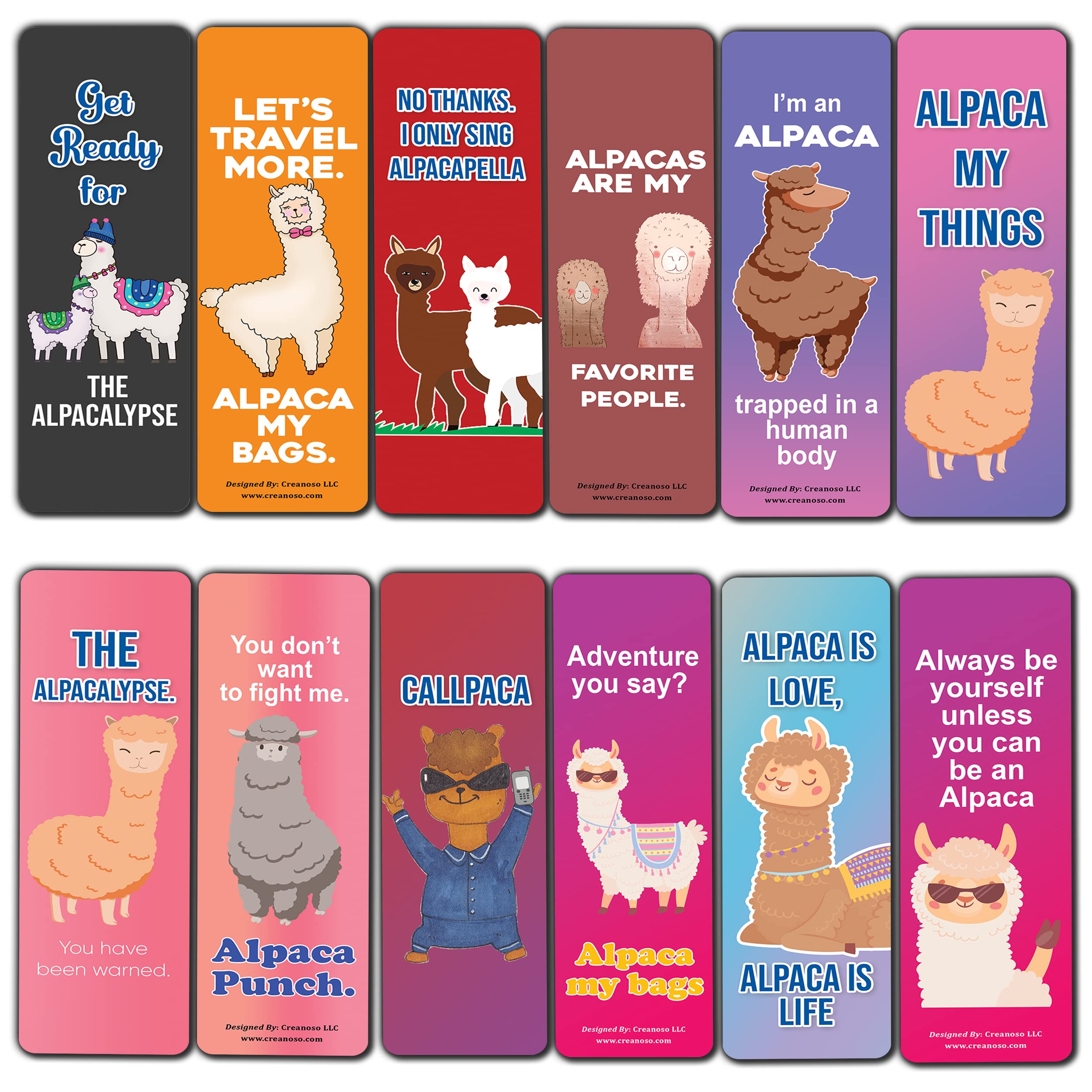Creanoso Alpaca Funny Bookmarks (12-Piece Set) - Inspirational Daily Quote Cards - Unique Book Page Clips - Perfect Gifts for Adults & Professionals - Ideal for Office, Reading, and Book Lovers