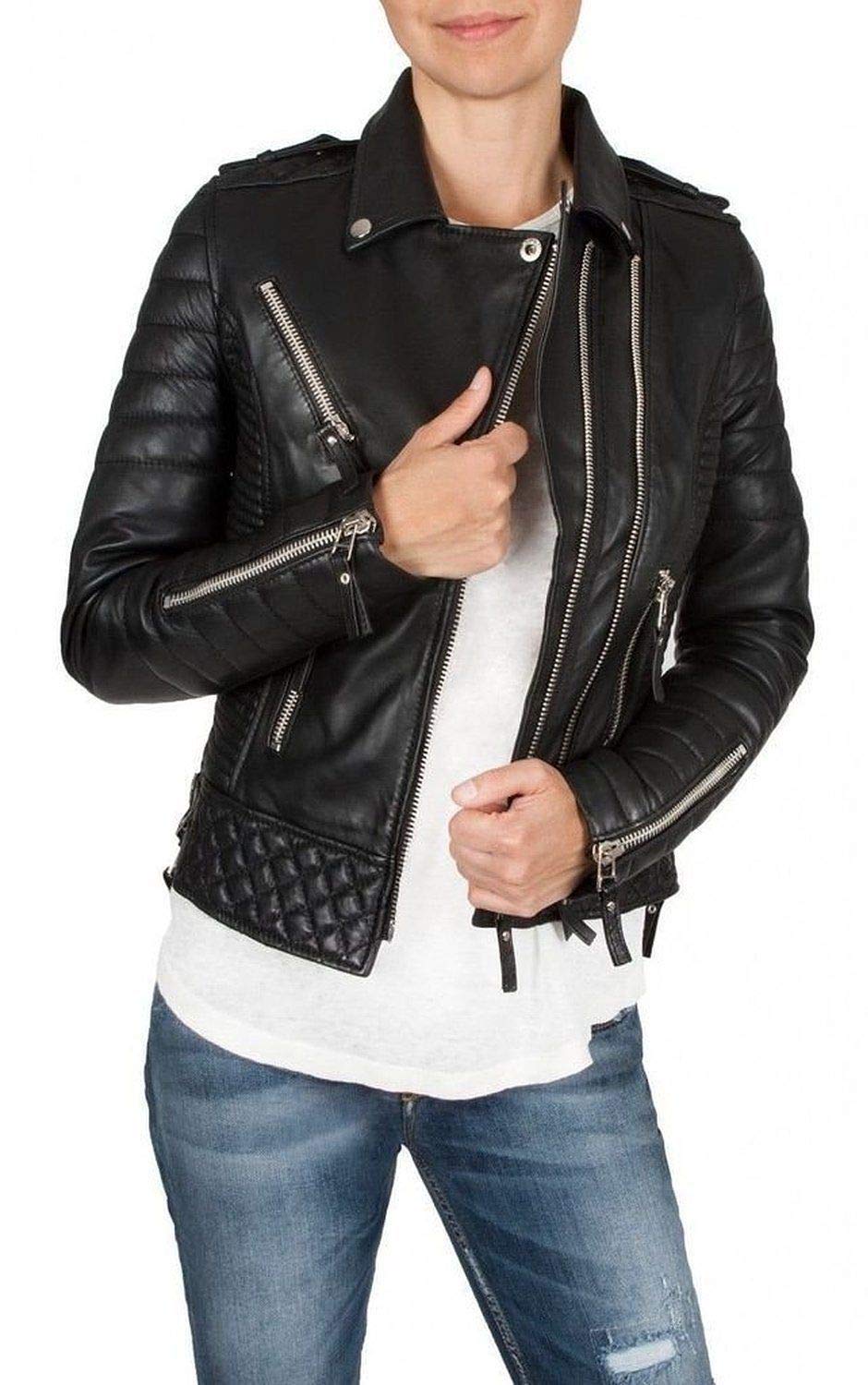 Women's Genuine Leather Motorcycle Jacket - Stylish Black Biker Outerwear for Riding & Casual Wear