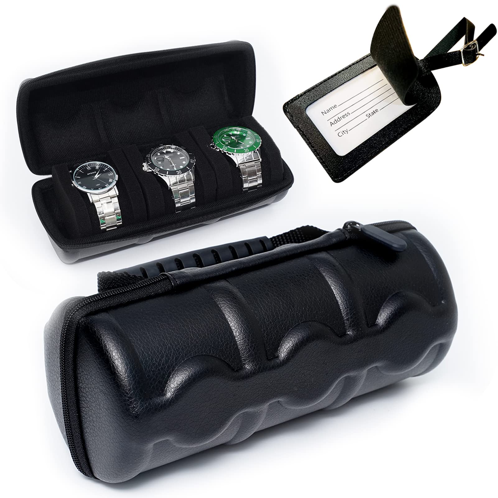 Premium 3-Slot Watch Travel Case for Men - PU Leather Watch Roll Organizer with Reinforced Zippers & Soft Watch Pillows - Fits Small to Large Watches - Perfect for Business Travel, Vacation & Watch Collection Storage