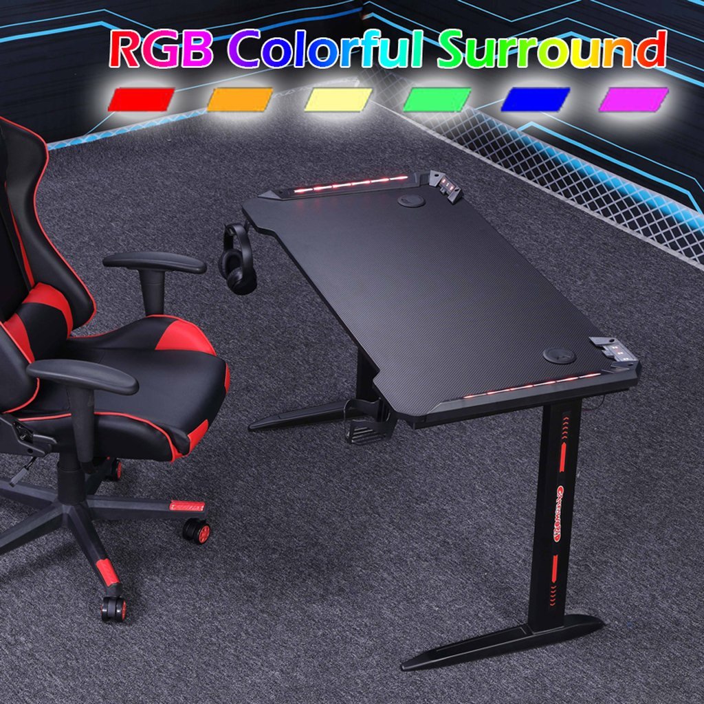 140cm RGB Gaming Desk with LED Lights - Carbon Fiber L-Shaped Computer Table for Home Office & Gaming Setup - Black (Perfect for PC Gaming, Streaming & Workspace)