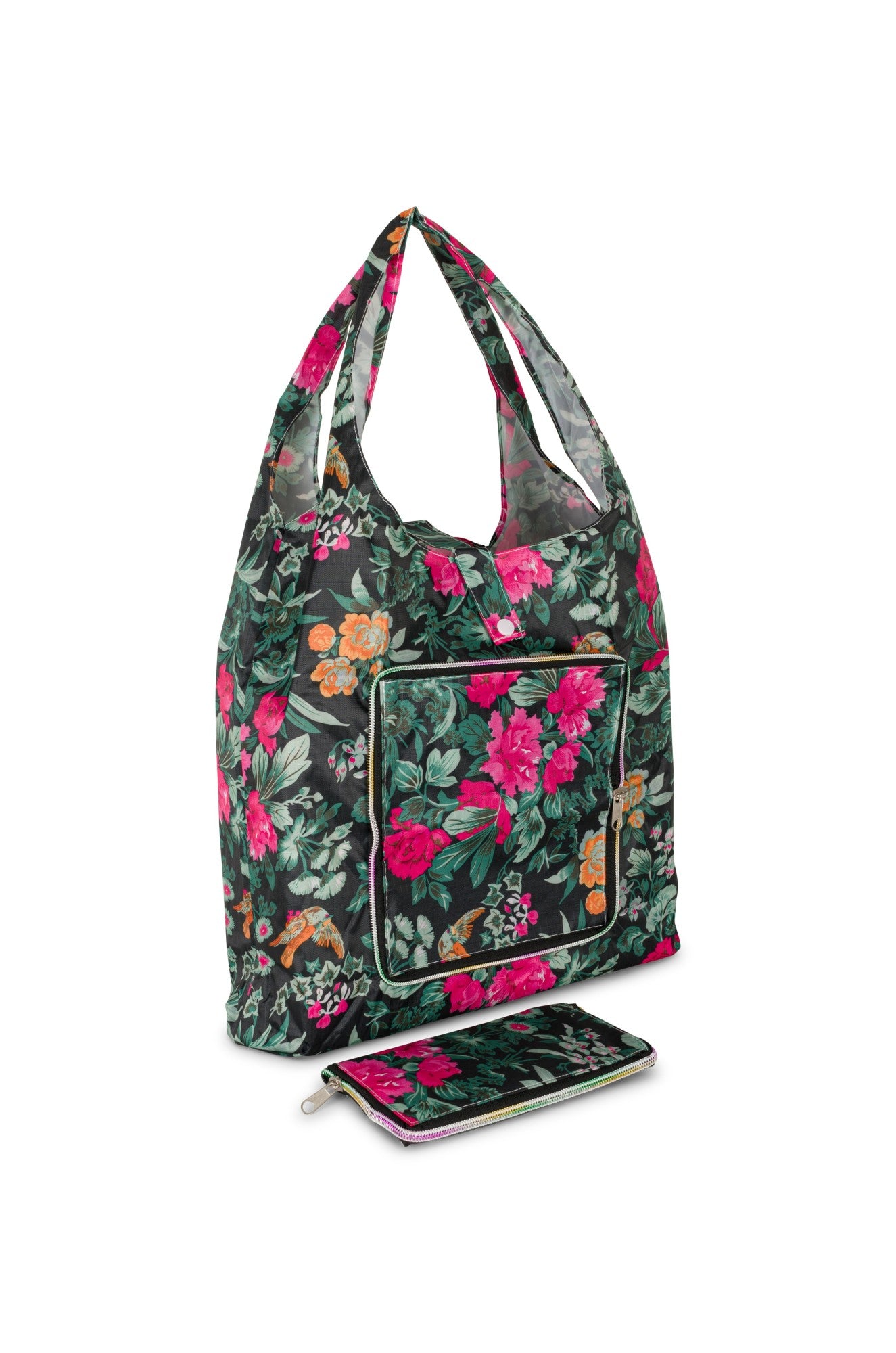 Foldable Reusable Shopping Bag - Eco-Friendly Grocery Tote in Black & Pink Floral Print (Model 0999A1) | Perfect for Grocery Shopping, Farmers Market & Beach Trips