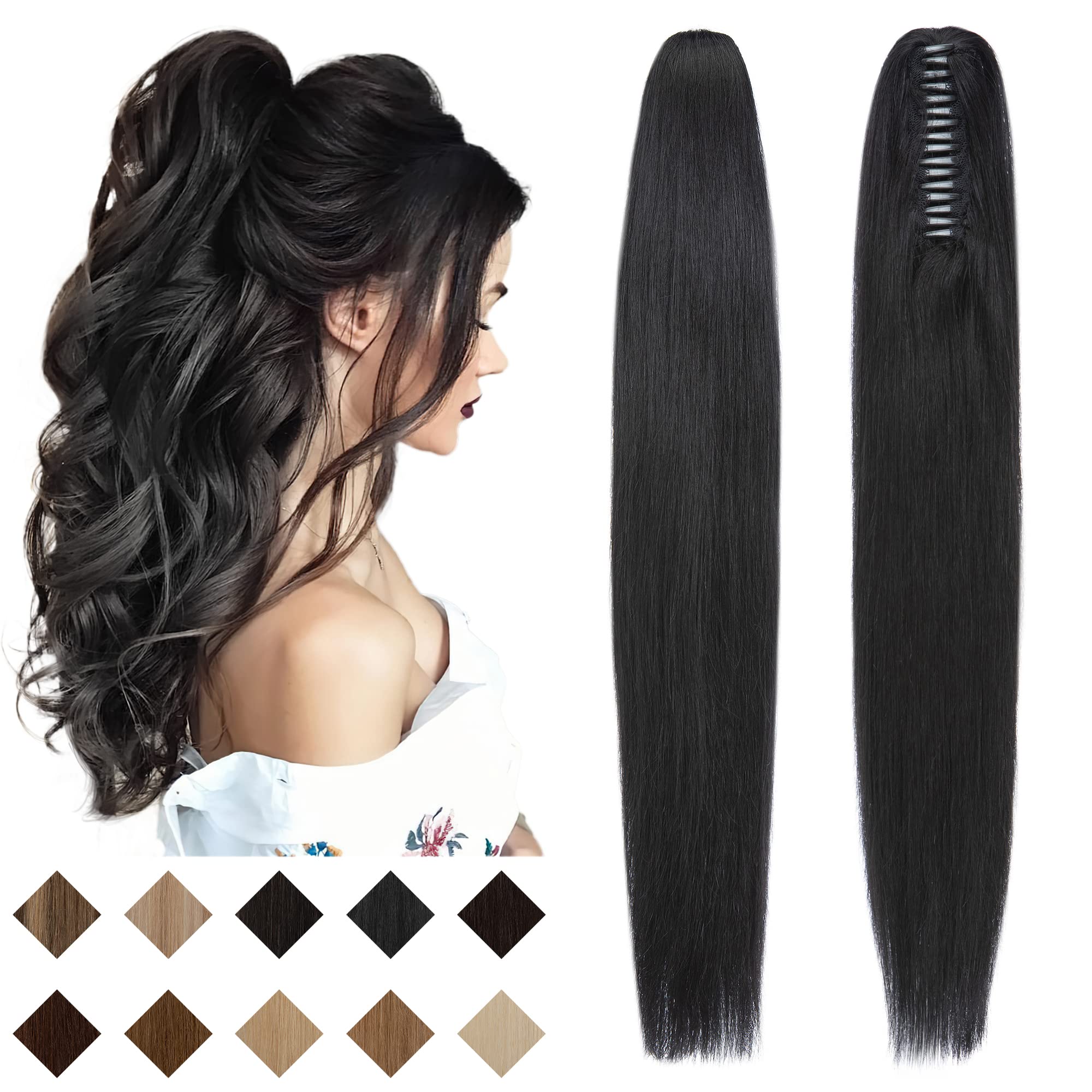 SEGO 20 Inch Jet Black Human Hair Clip-in Ponytail Extension - 120g Long Straight Real Human Hair Ponytail for Women | Perfect for Parties, Weddings & Everyday Styling