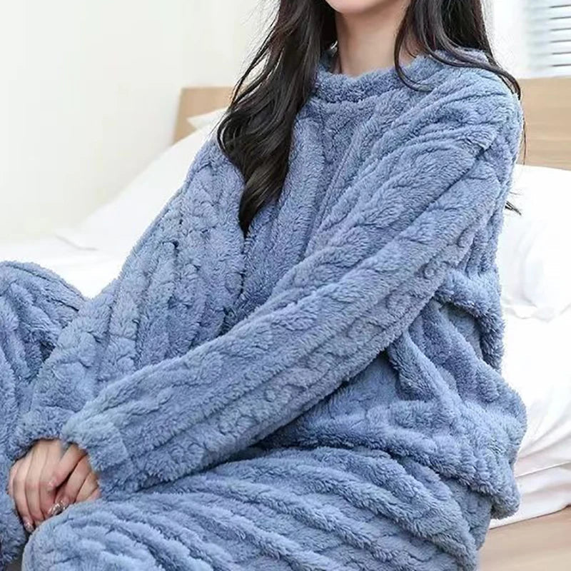 Women's 2-Piece Fleece Pajama Set - Soft Velvet Ribbed Pullover & Pants for Fall/Winter | Cozy Casual Loungewear for Home, Sleep & Relaxation