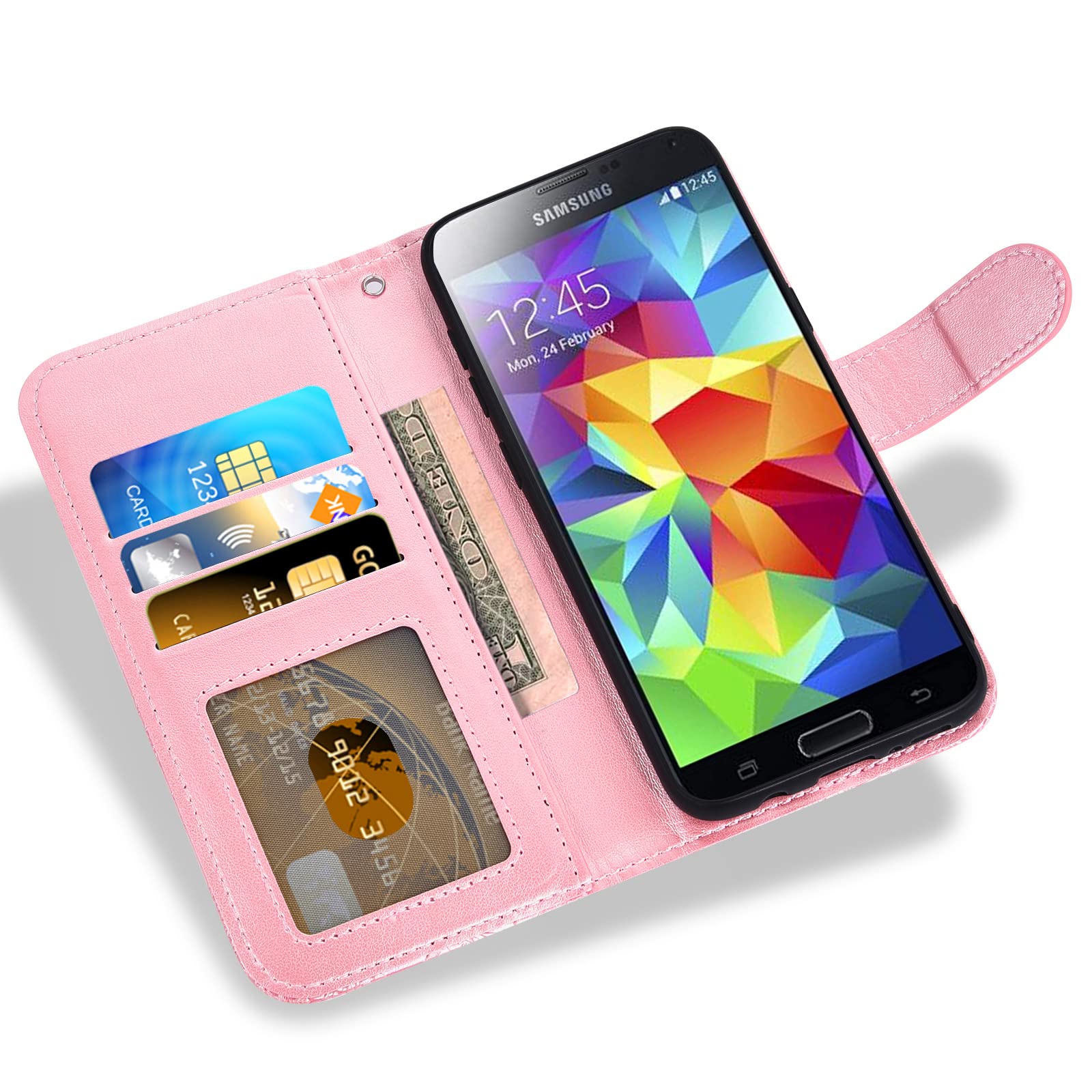 ASUWISH Samsung Galaxy S5 Case with Tempered Glass Screen Protector, Card Holder & Kickstand - Wallet Phone Cover for Galaxy S5/Neo/5S/G900A/G900T (Rose Gold) - Perfect for Women's Everyday Use & Travel Protection