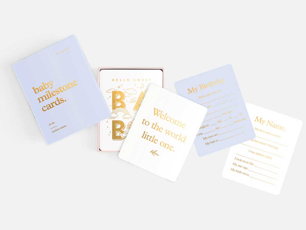 Gold Foil & Blues Baby Milestone Cards - 34-Piece Box Set for Newborn Photo Shoots & First Year Memories