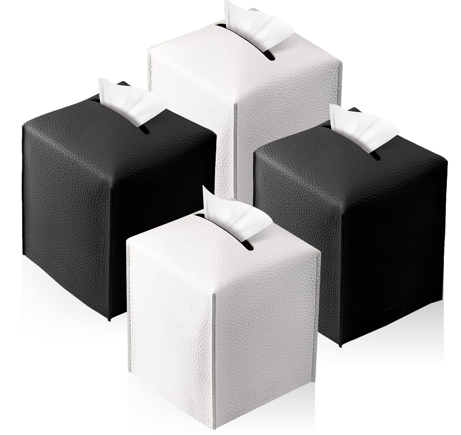 YCROJBK 4 Pack Modern Square Tissue Box Cover with PU Leather - Black & White Set for Bathroom, Bedroom, Office & Car | Stylish Vanity Countertop, Nightstand, Dresser & Desk Organizer | Home & Office Decor Accessories