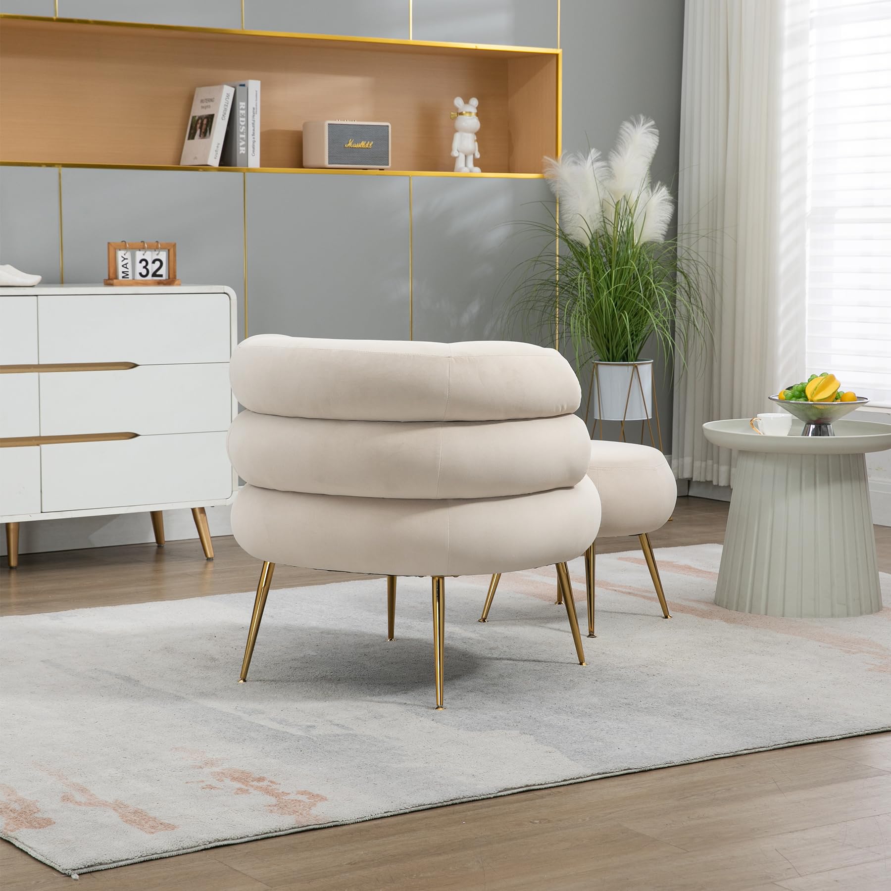 Dolonm Velvet Accent Chair with Ottoman - Modern Barrel Club Chair with Gold Legs for Living Room, Bedroom & Dorm - Cozy Reading Armchair in Beige | Perfect for Relaxing, Lounging & Home Decor