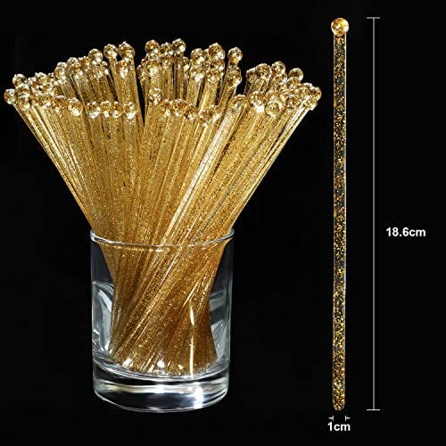 100-Pack Gold Glitter Cake Pop Sticks - Disposable Plastic Cocktail & Coffee Stirrers with Crystal Round Tops - Perfect for Parties, Weddings, and Beverage Decorations