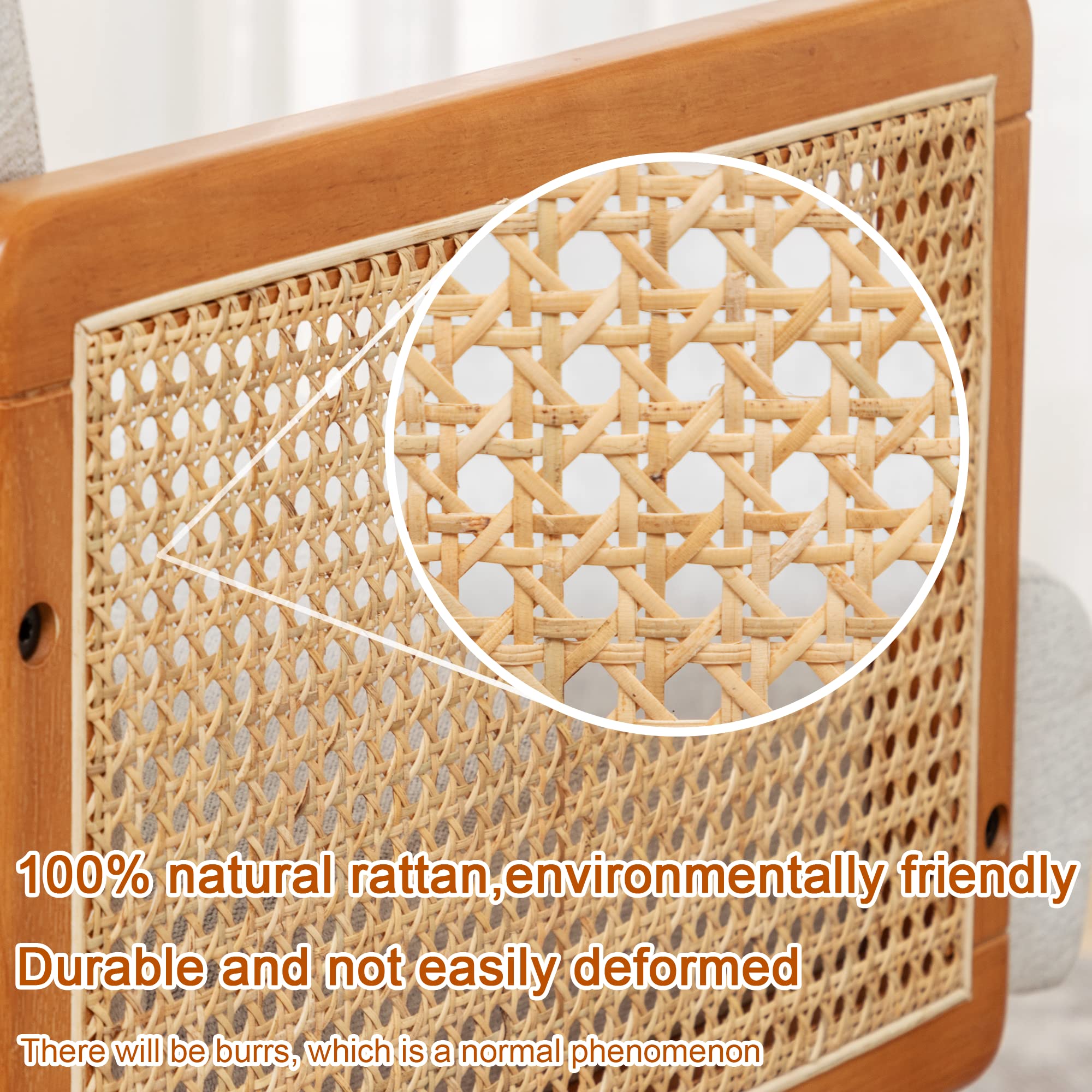 Mid Century Modern Accent Chair with Rattan Arms - Upholstered Linen Lounge Chair for Bedroom, Living Room & Reading Nook - Beige Comfy Armchair Perfect for Relaxing, Entertaining & Home Decor