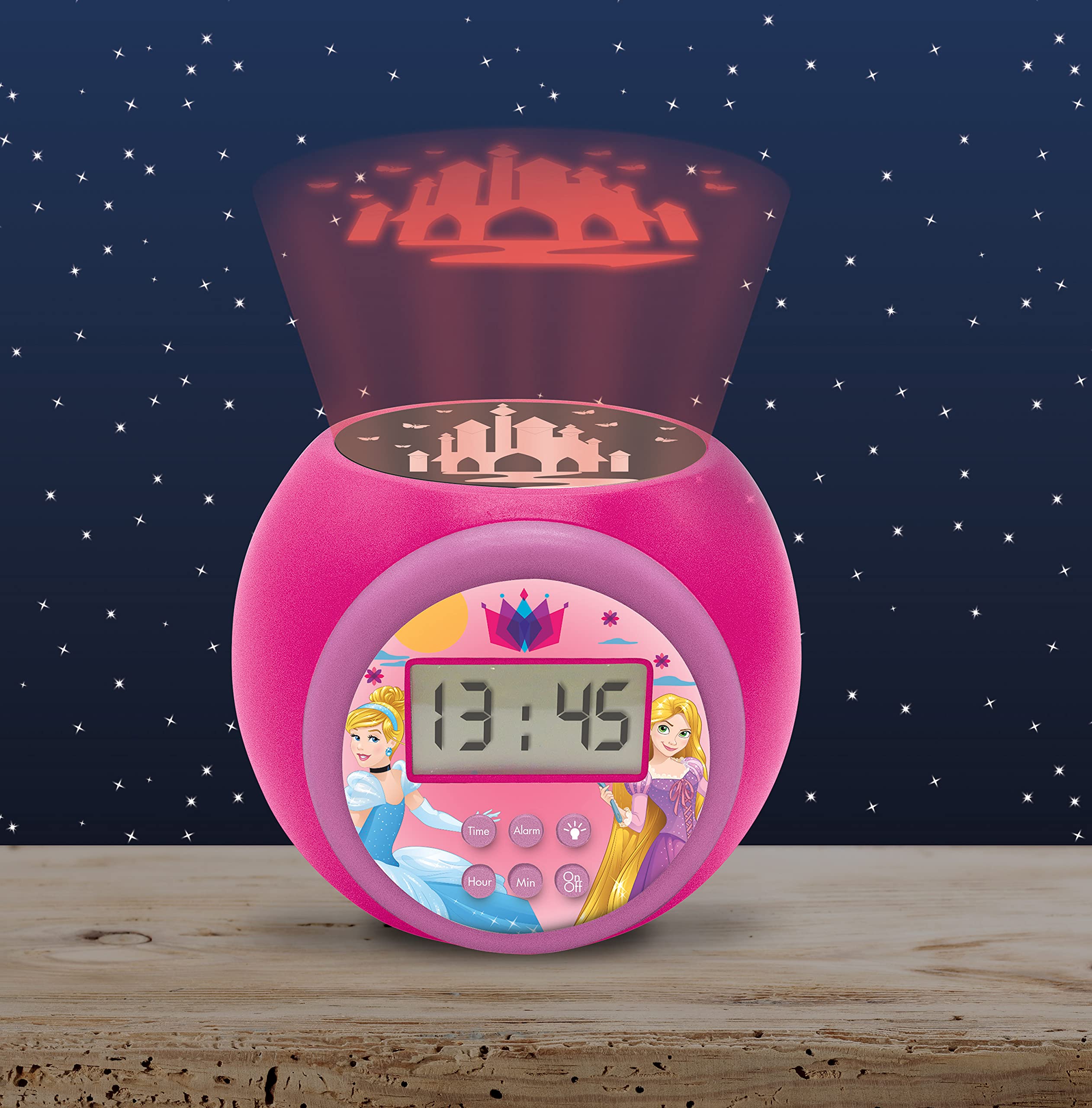 Disney Princess Projector Clock with Snooze Alarm - LCD Screen Night Light with Timer, Battery Operated Pink Clock for Kids | Perfect for Bedrooms, Nurseries, and Kids' Rooms as Night Light & Alarm Clock