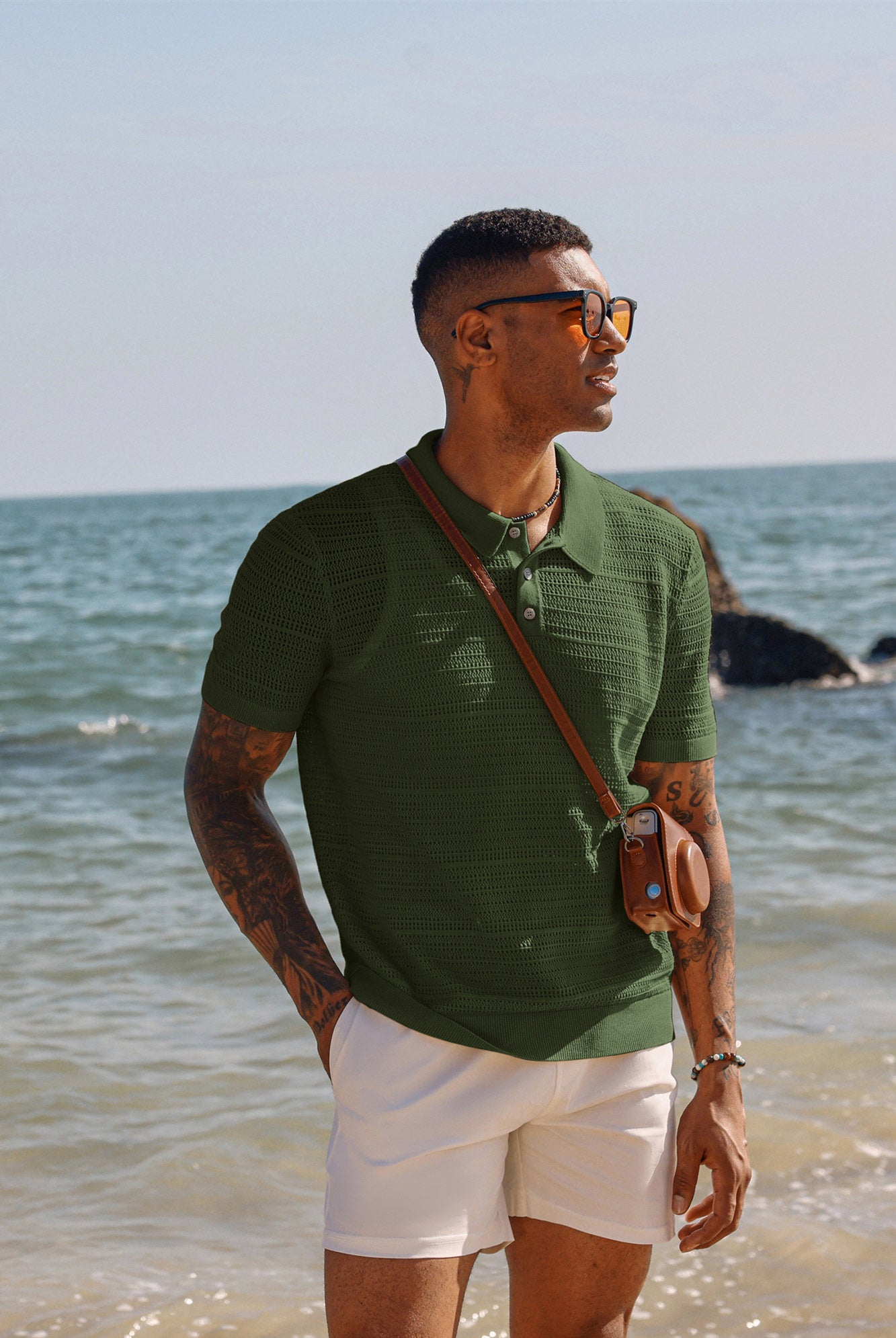 Breathable Men's Hollow Out Polo Shirt - Lightweight Short Sleeve Knit Casual Top for Summer Outdoor Activities & Golf Wear