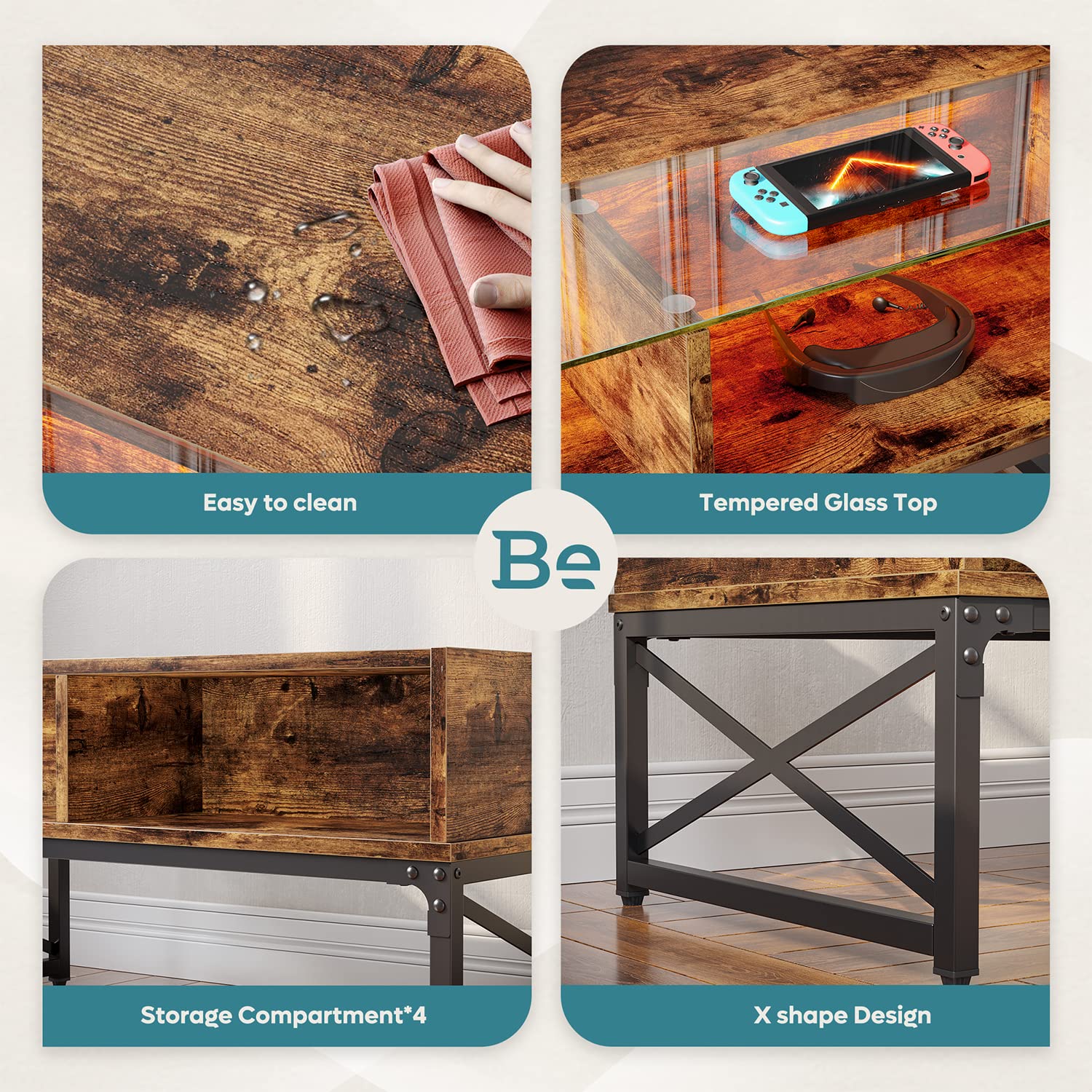 Bestier 42 Inch LED Coffee Table with Storage - Modern Farmhouse Style Wooden Center Table for Living Room, Home Office & Gaming | Rustic Brown Finish | Perfect for Entertaining, Remote Work & Game Nights