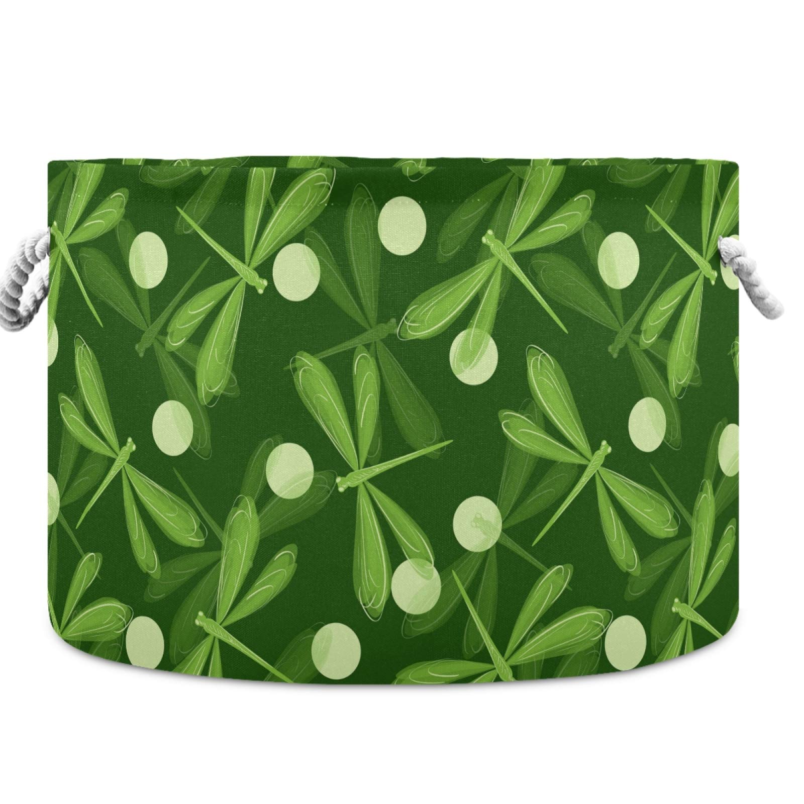 Visesunny Green Dragonfly Canvas Storage Basket - Waterproof Nursery Hamper, Toy Organizer Bin for Kids Room, Playroom, Shelves | Perfect for Laundry, Toys, Books & Gift Storage (12