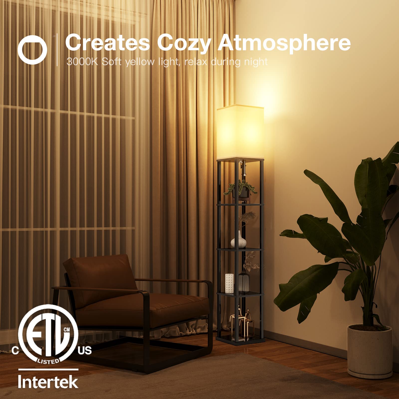 Addlon 5-Tier Modern Shelf Floor Lamp with 3CCT LED Bulb - Adjustable Brightness Display Lamp for Living Room, Bedroom, Office - Black - Perfect for Reading, Decor & Space Saving