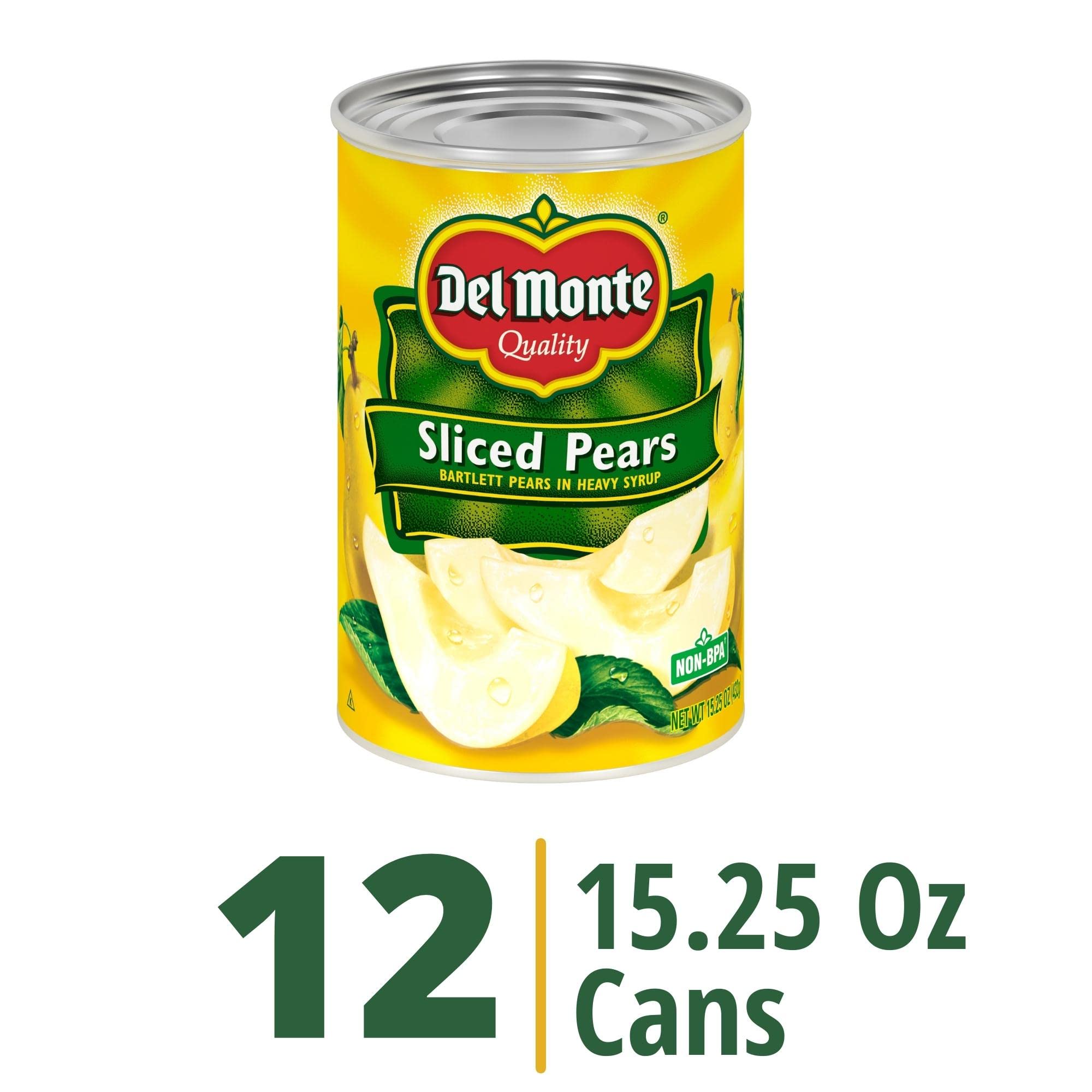 DEL MONTE Sliced Bartlett Pears in Heavy Syrup - Canned Fruit, 15.25 Oz (Pack of 12) | Sweet & Juicy Pears for Snacks, Desserts, Salads & Baking | Non-GMO, Gluten-Free, Ready-to-Eat