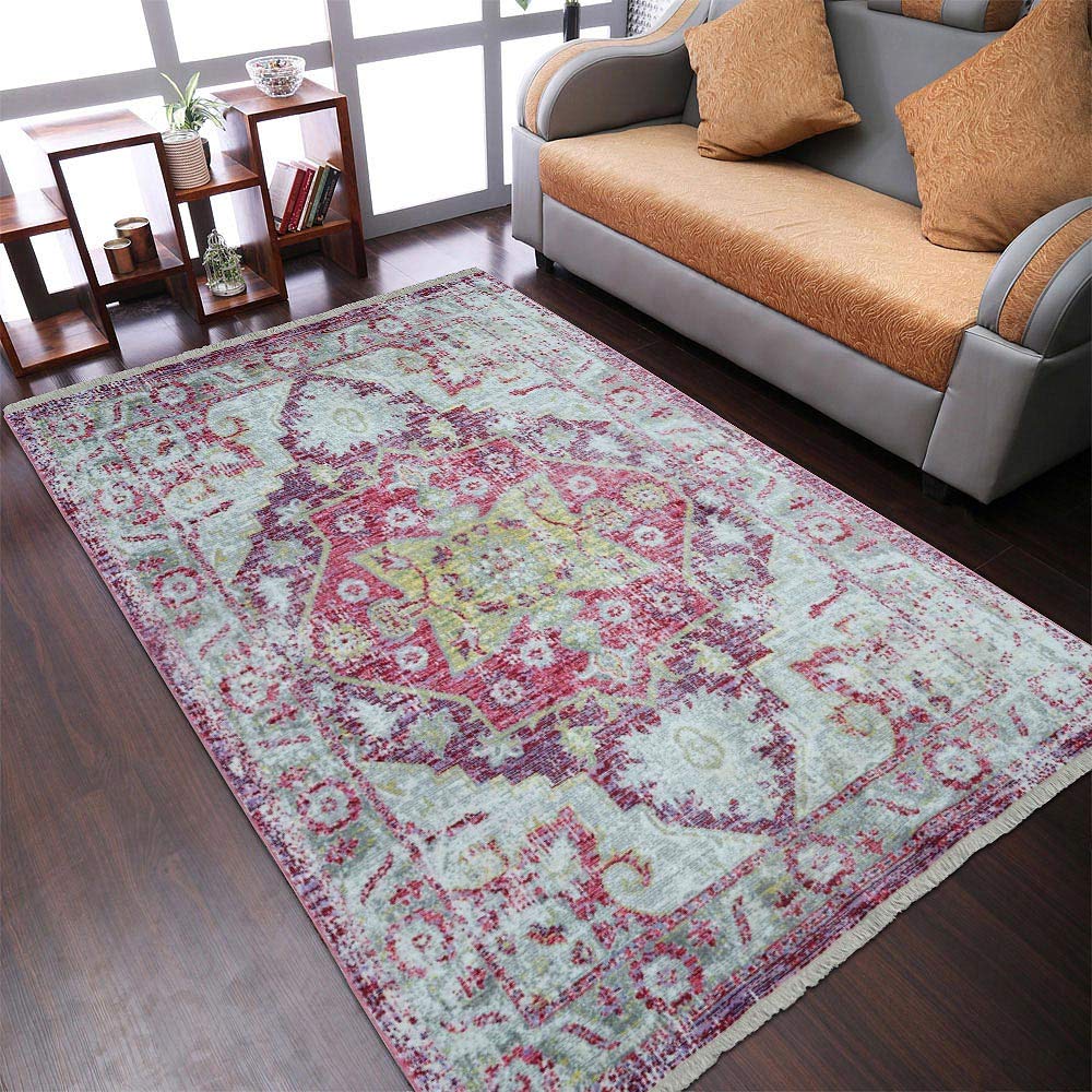 Machine Made Polyester Area Rugs 9'x12' Rectangle - Pink Oriental Traditional Design Low Pile Carpet for Living Room, Bedroom, Dining Room | Soft & Durable Home Decor (M00073)