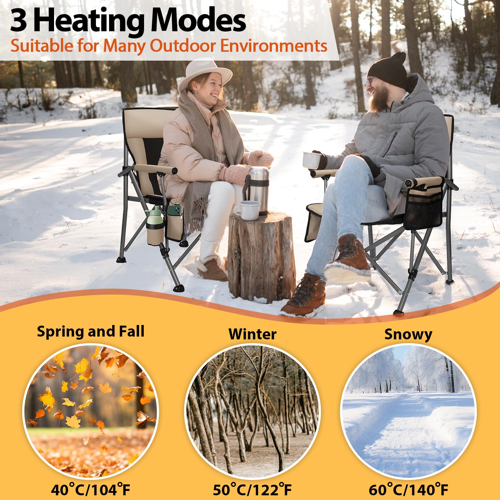 QUYUAN Heated Camping Chair with 20,000mAh Battery - Padded Outdoor Folding Chair, 500-Minute Heating & 500lb Capacity - Perfect for Camping, Hiking, Beach, Picnics & Winter Sports