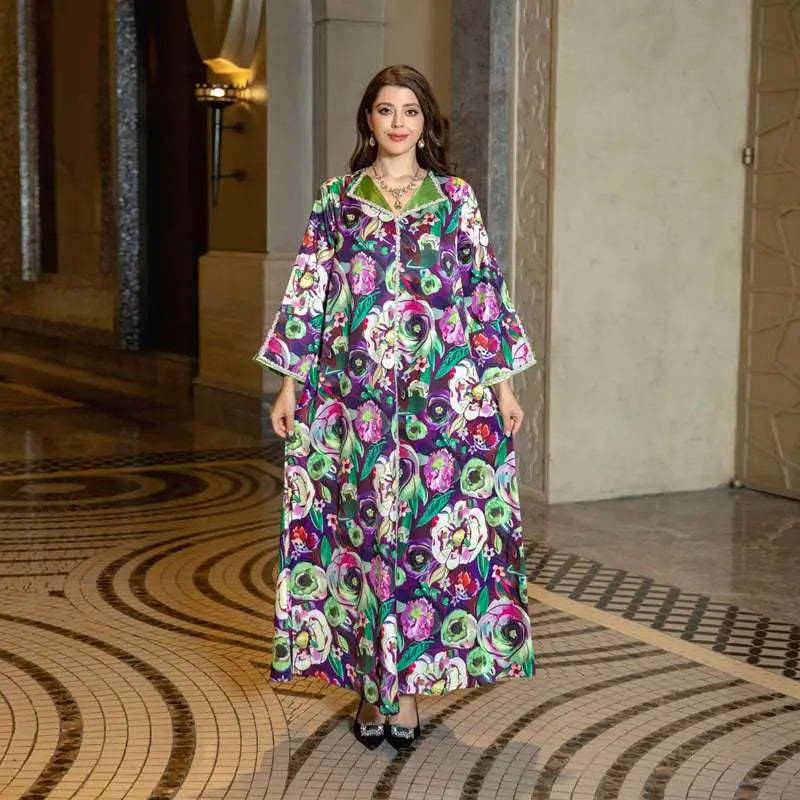 Elegant Hotfix Rhinestone Printed Kaftan Dress for Women - Eid Celebration, Party & Casual Wear - Perfect for Festivals, Weddings and Summer Outings