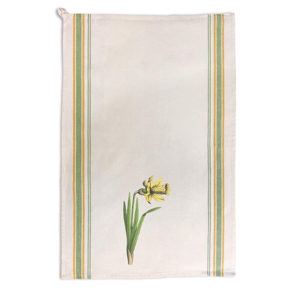 Vintage Daffodil Floral Kitchen Towels - Custom Green Stripe Dish Towels for Cleaning & Decor | Perfect for Farmhouse, Cottage, or Vintage Style Kitchens