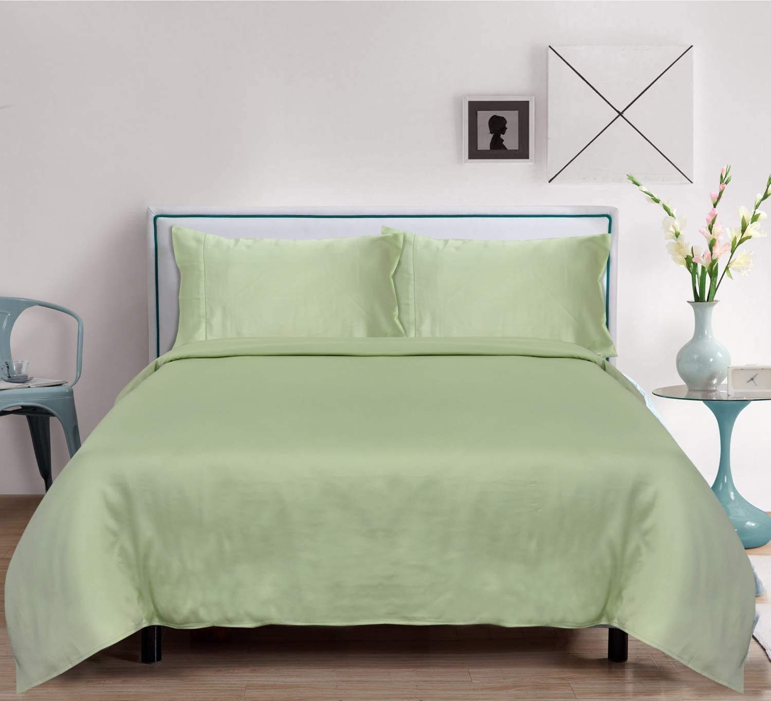 LINENWALAS 100% Tencel Lyocell Bedding Set - Queen Size Cooling Eucalyptus Sheets with 1 Duvet Cover, 1 Fitted Sheet & 2 Pillowcases - Breathable Soft Bed Sheets for Hot Sleepers - Perfect for Summer Nights & All-Season Comfort (Mint Green)