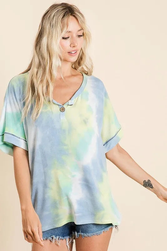 BiBi Tie Dye French Terry Button-Up Top for Women | Stylish Casual Shirt for Everyday Wear, Beach Outings & Weekend Brunch