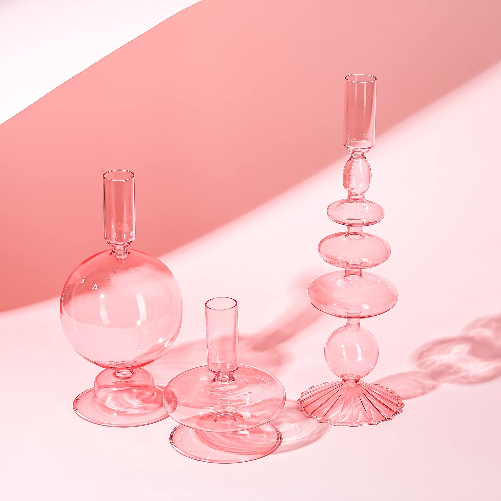 Rtteri 3-Piece Set of Elegant Groovy Wavy Glass Taper Candlestick Holders - Pink Decorative Candle Holders for Home Decor, Wedding Centerpieces & Party Table Settings