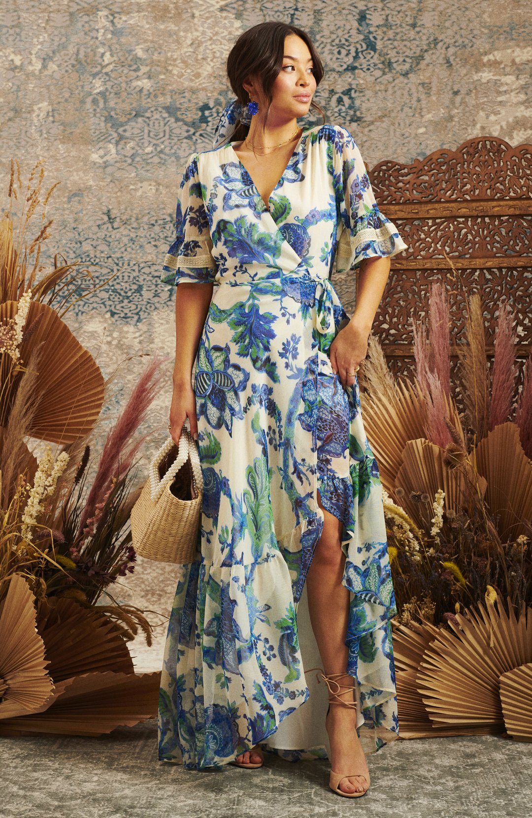 Catalina Flutter Sleeve Maxi Wrap Dress for Women - Elegant Boho Summer Beach Dress for Vacation, Wedding Guest & Date Night