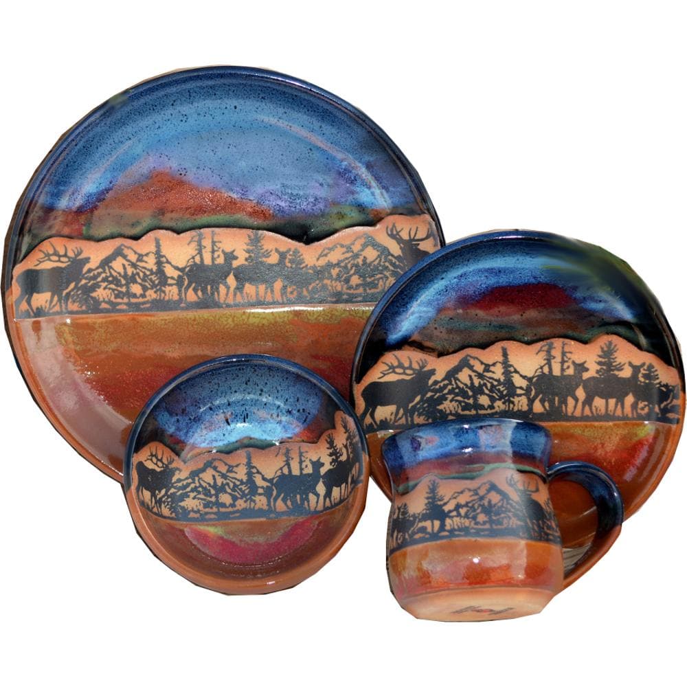 Elk Azul Pottery Dinnerware Set - Handcrafted Ceramic Plates, Bowls & Mugs - Mexican Style Blue Dinnerware for Home & Restaurant Use