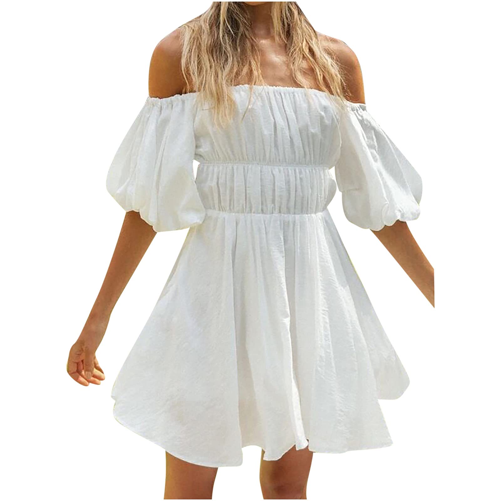 CrazyPig Women's Off Shoulder Ruffle Sleeve Mini Dress - Solid Color Slash Neck Loose Swing Summer Dress for Party, Beach, Date Night & Casual Wear