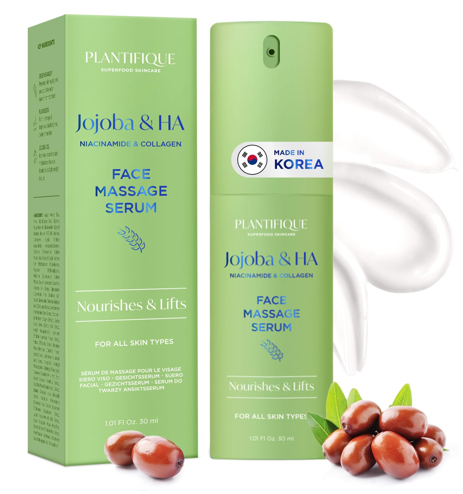 PLANTIFIQUE Korean Jojoba Oil & Hyaluronic Acid Face Serum - Hydrating Anti-Aging Collagen & Niacinamide Formula for Glowing Skin - Best for Gua Sha Facial Massage & Night Routine - Perfect Gift for Men & Women - Skincare Essential for Dry & Sensitive Skin