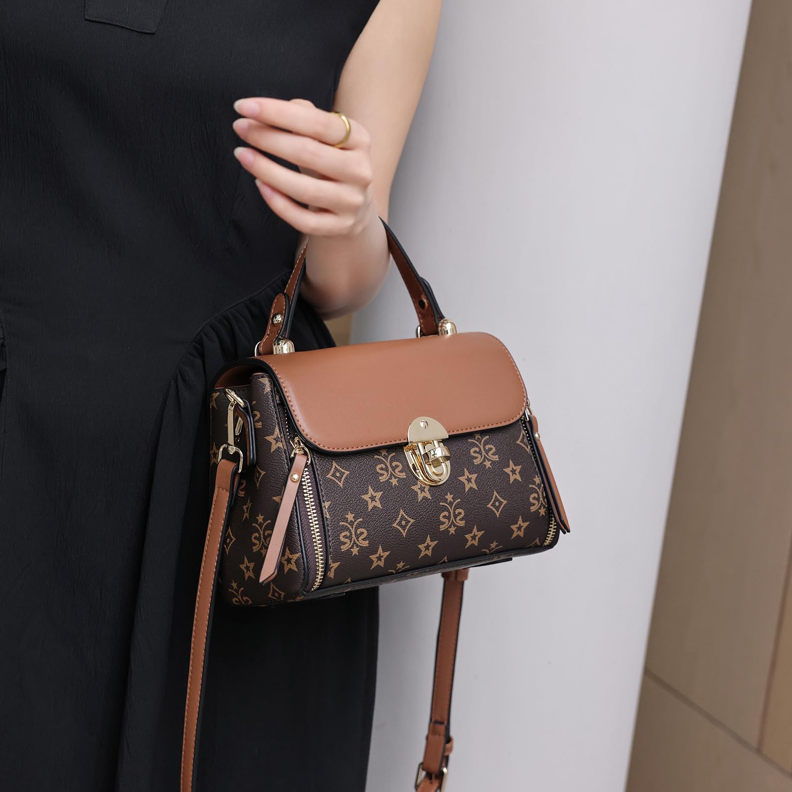 LAORENTOU Vegan Leather Top-Handle Crossbody Bag for Women - Stylish Satchel Handbag with Printed Design | Perfect for Work, Travel & Everyday Use