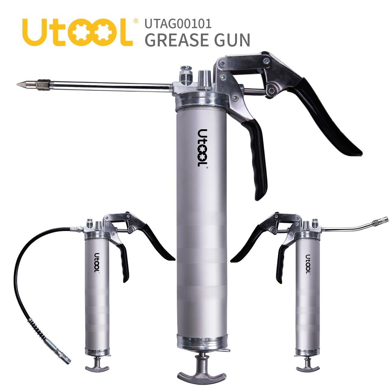 UTOOL 8000 PSI Heavy Duty Pistol Grip Grease Gun Kit - 14 oz Capacity with 18 Inch Resin Flex Hose, 2 Couplers, 2 Extension Pipes & Nozzle - Perfect for Automotive, Industrial & Farm Equipment Maintenance