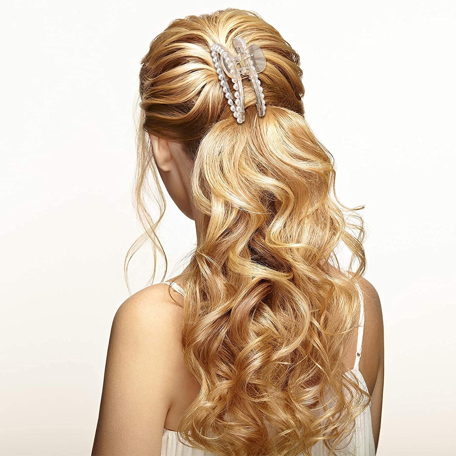 HOMEMATES Large Pearl Hair Claw Clip - Strong Hold Hair Clips for Thick Long Hair, Women & Girls Hair Accessories (White, Style 2) - Perfect for Weddings, Parties & Everyday Hairstyles