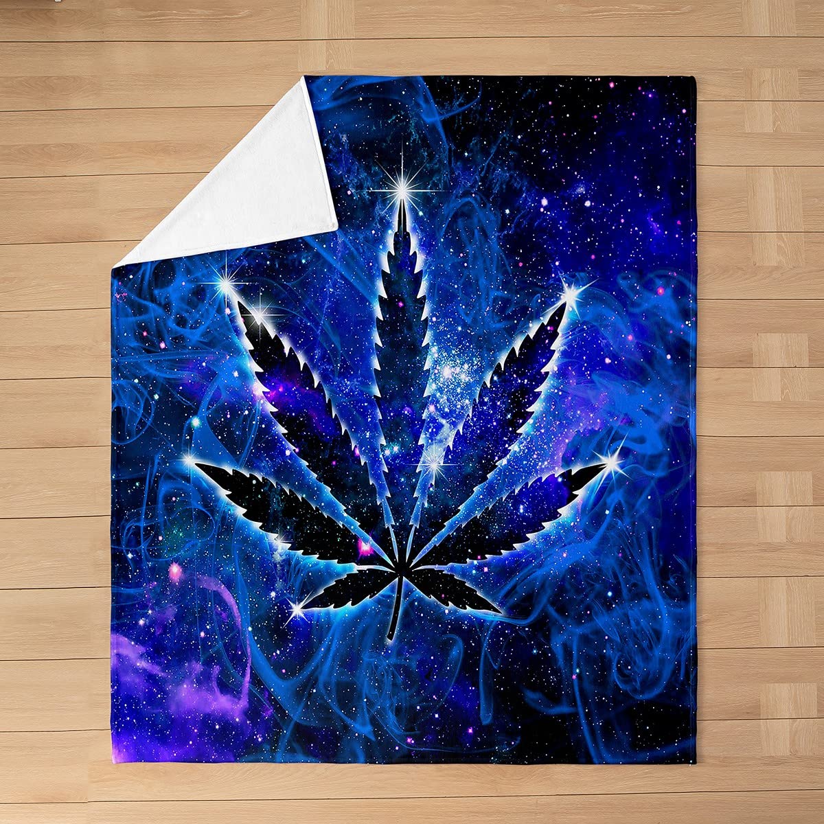 **Premium Cannabis Leaf Flannel Blanket - Blue Starry Sky Design, Lightweight & Ultra Soft Fleece Throw - Cozy Luxury Weed Fuzzy Blanket for All Seasons - Perfect for Sofa, Bedroom, Camping & Gifts (30