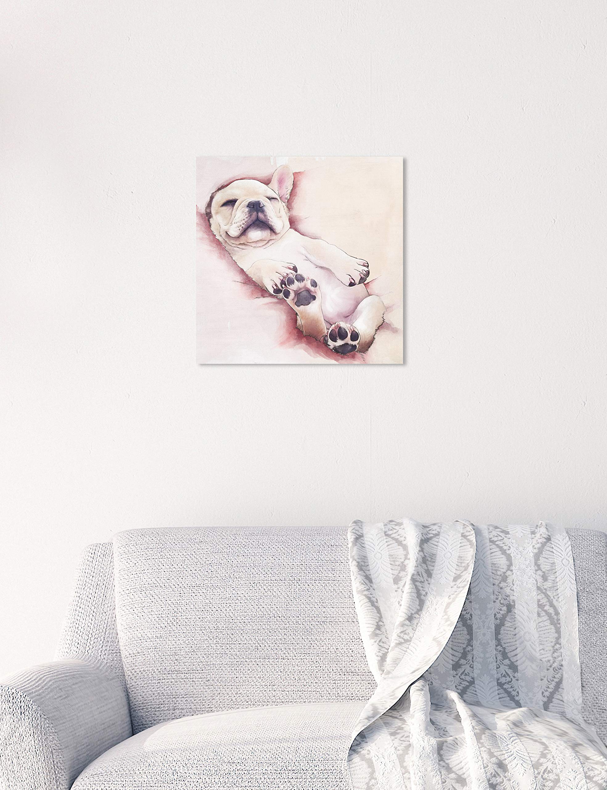 Sleeping Frenchie Dog Wall Art Canvas Print - 12x12 Inch Modern Animal Home Decor in White & Pink | Perfect for Living Room, Bedroom, Nursery & Office Decorations
