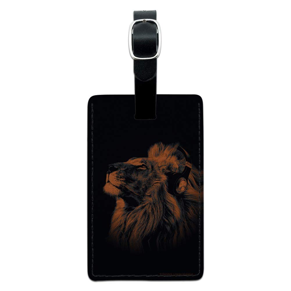 Lion Headphones Music Design Leather Luggage Tag - Rectangle Carry-On ID Tag for Suitcases, Bags & Travel Accessories - Perfect for Travelers & Music Lovers