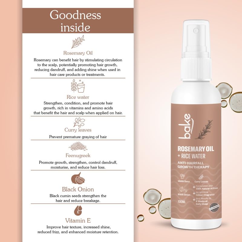 BAKE Rosemary Oil Hair Growth Serum Spray with Rice Water & Fenugreek Seed | Stops Hair Fall, Promotes Regrowth & Repairs Keratin Treated Hair | Strengthens Hair Follicles for Women & Men | 100ml | Perfect for Daily Hair Care & Scalp Treatment at Home