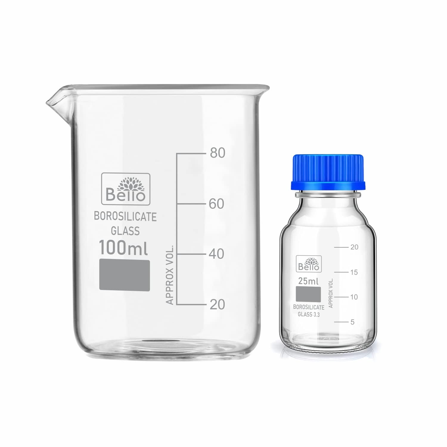 Borosilicate Glass Measuring Beaker 100ml & 25ml with Leak-Proof Blue Screw Cap - 2-Pack Set for Chemistry Lab, Science Experiments, Kitchen Measuring & Professional Use | Ideal for Liquid Measurement, Mixing Solutions & Precise Pouring