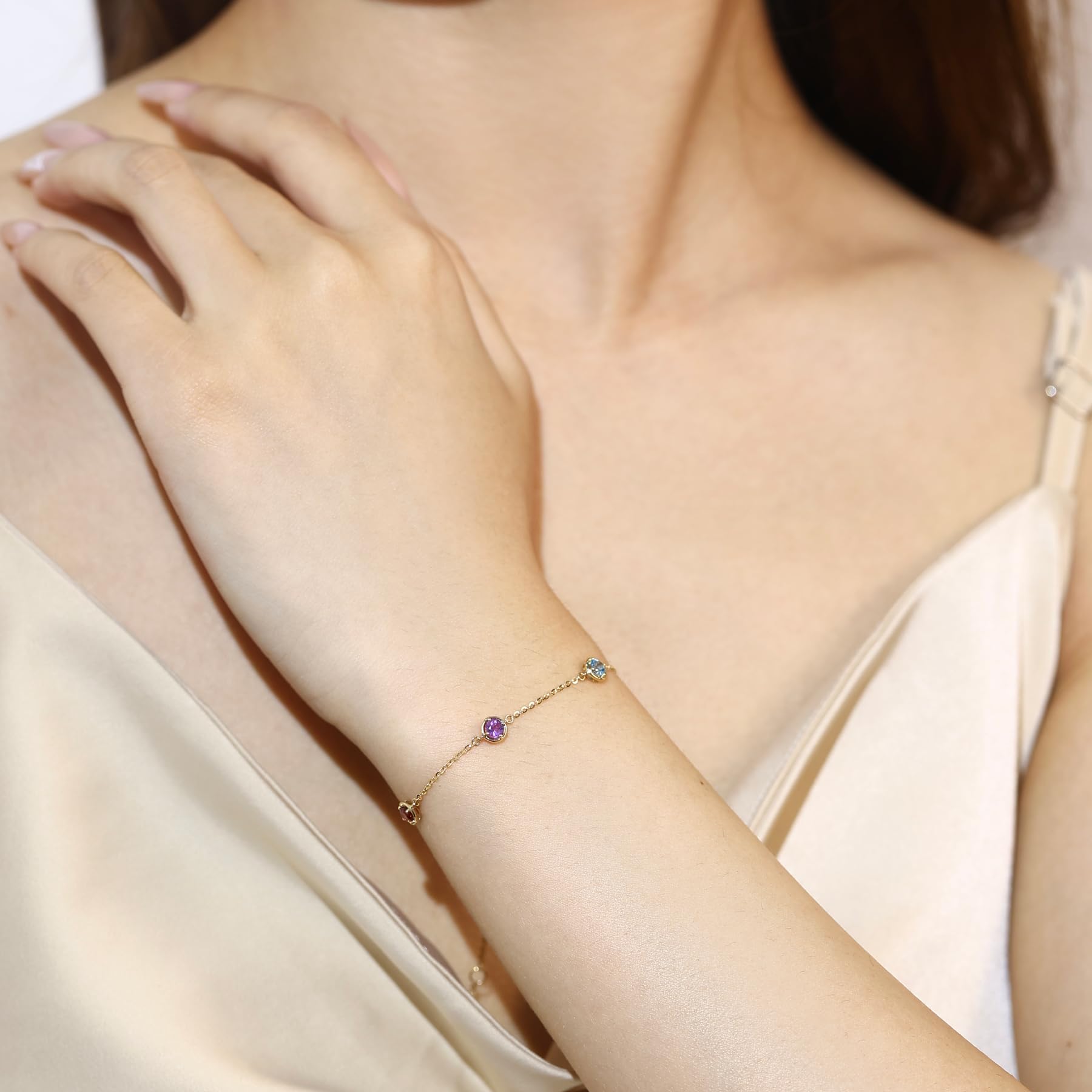 14K Solid Gold Minimalist Charm Bracelet with Natural Gemstones - Amethyst, Peridot, Blue Topaz, Citrine & Garnet | Dainty Jewelry Gift for Women & Girls | Perfect for Everyday Wear, Special Occasions & Gifting