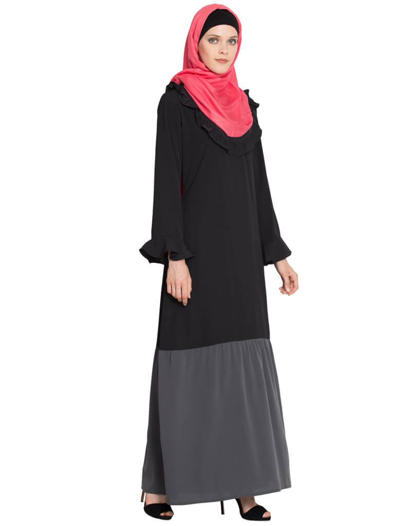 Elegant Grey Arabic Contrast Bottom Frilled Casual Abaya Dress for Women - Perfect for Daily Wear, Prayer, and Special Occasions