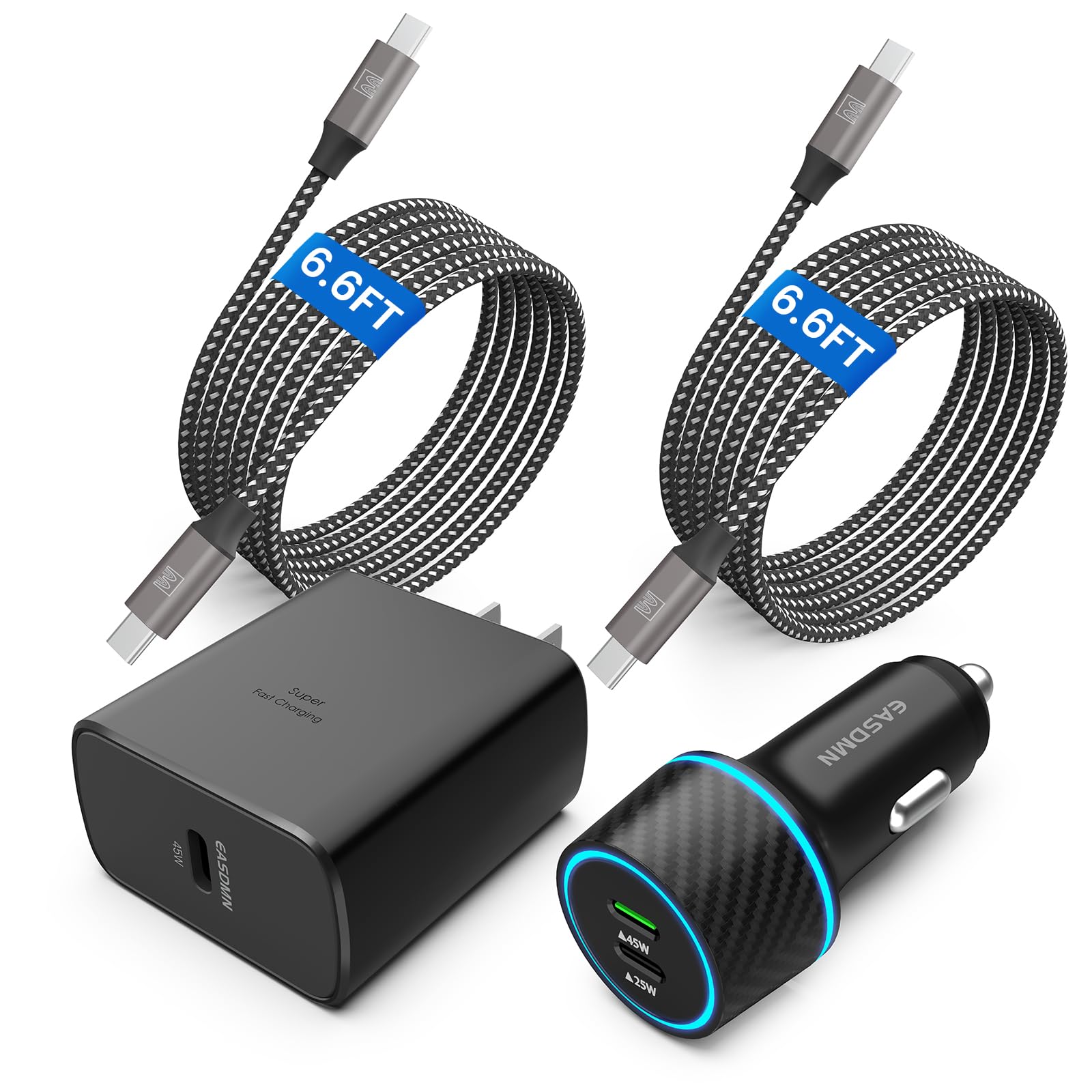 45W USB-C Fast Charger 2-Pack - PPS Super Fast Charging Wall & Car Adapter for Samsung Galaxy S25/S24/S23/S22/S20 Ultra, Note 10+, Tab S9 - Includes 2x 6.6ft Cables - Perfect for Home, Office & Travel Charging