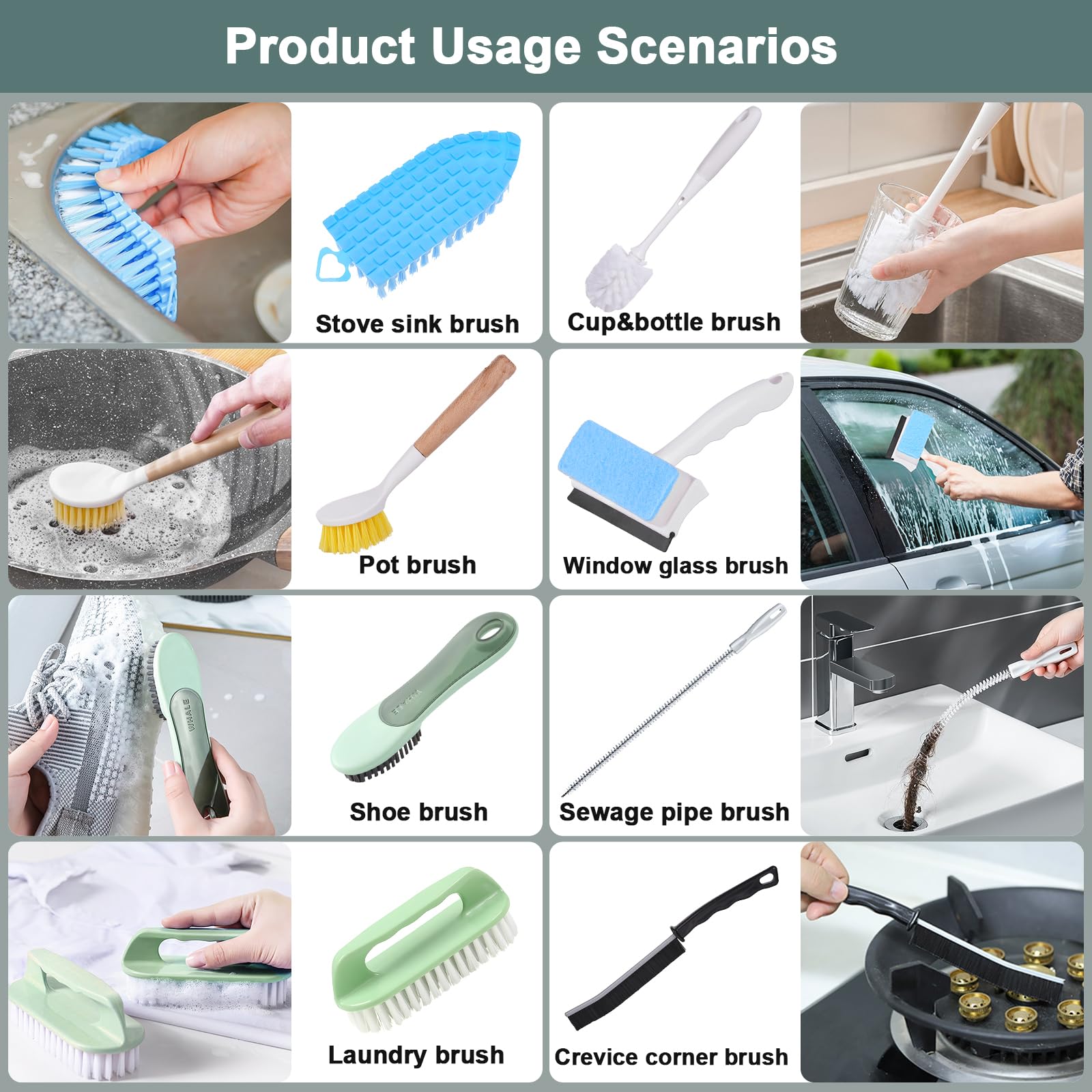 18-Piece Household Cleaning Brushes Set - Pot Brush, Window Wiper, Shoe Brush, Laundry Brush, Bottle Brush, Pipe Brush, Stove Scraper & Crevice Brush for Kitchen, Bathroom & Home Deep Cleaning