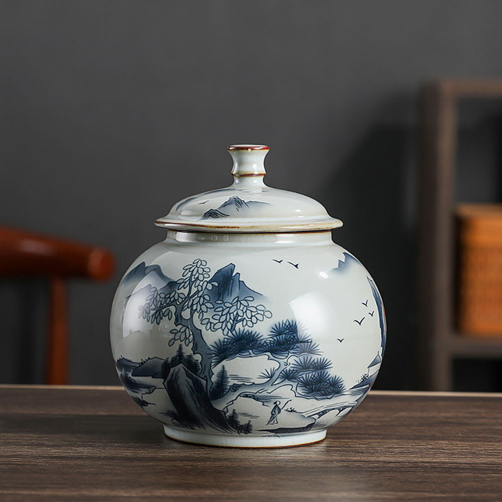 Hand-Painted Landscape Porcelain Tea Caddy - Elegant Tea Storage Canister for Loose Leaf Tea, Herbs & Spices - Perfect for Tea Lovers, Home Decor & Gift Giving
