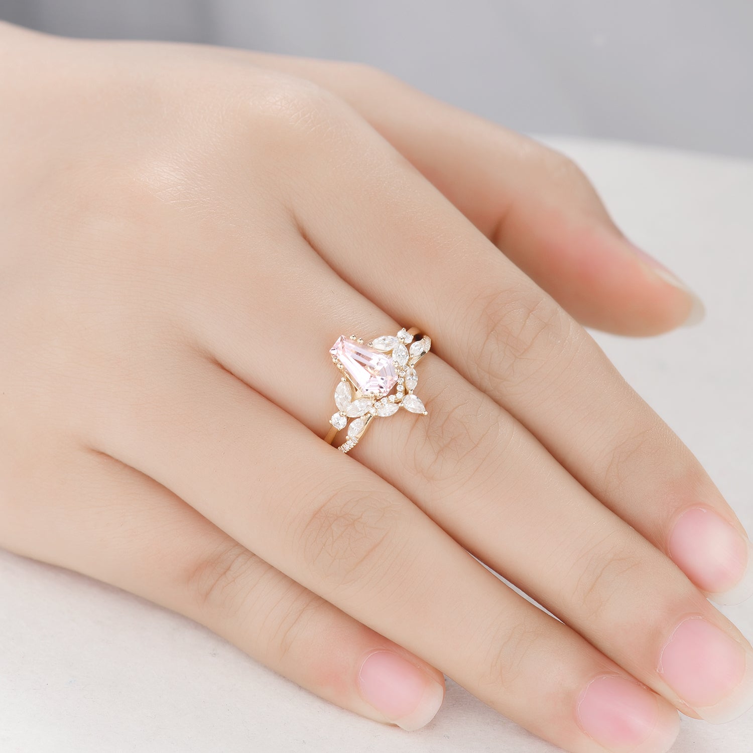 Elegant Coffin-Shaped Morganite Bridal Ring Set with Curved Matching Wedding Band - Perfect for Gothic Weddings, Alternative Engagement, and Unique Bridal Jewelry Gifts