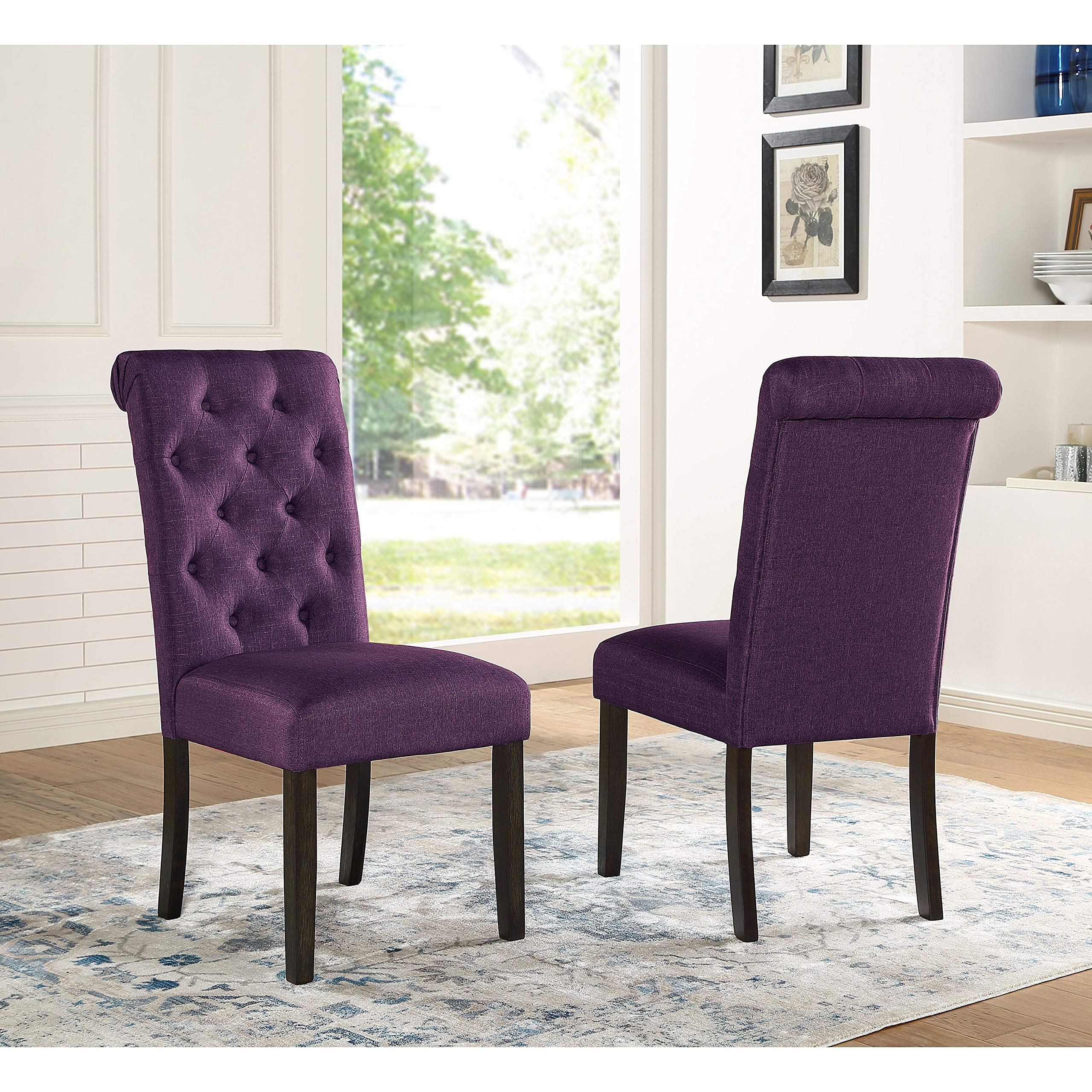 Roundhill Furniture Leviton Solid Wood Tufted Parsons Dining Chairs, Set of 2, Purple Velvet Upholstery - Elegant Modern Dining Room Chairs for Home, Restaurant & Office Use
