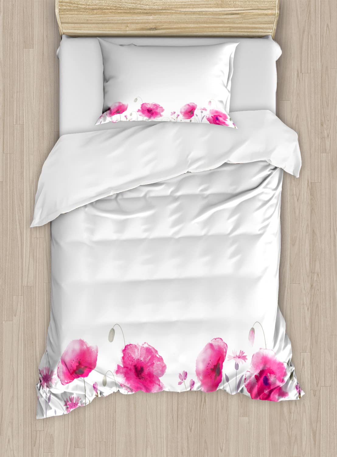 Ambesonne Floral Duvet Cover Set - King Size 2-Pack with 4 Pillowcases | Summer Garden Theme with Poppy Petals & Field Elements Art Print | Pink Botanical Bedding for Master Bedroom, Guest Room & Dorm Decor