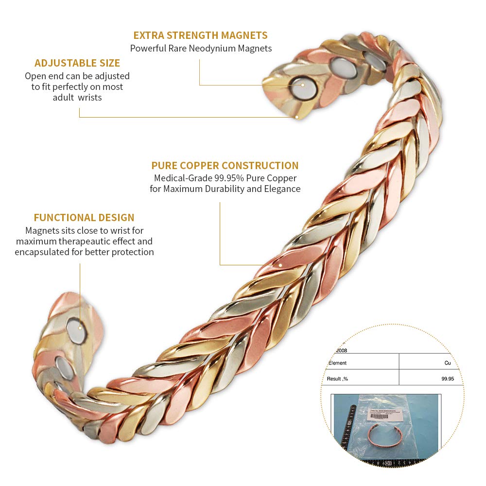 Pure Copper Magnetic Bracelet for Women - Adjustable Three-Color Gold Braid Fashion Jewelry, Arthritis Pain Relief & Wellness Gift (Ideal for Yoga, Meditation & Daily Wear)
