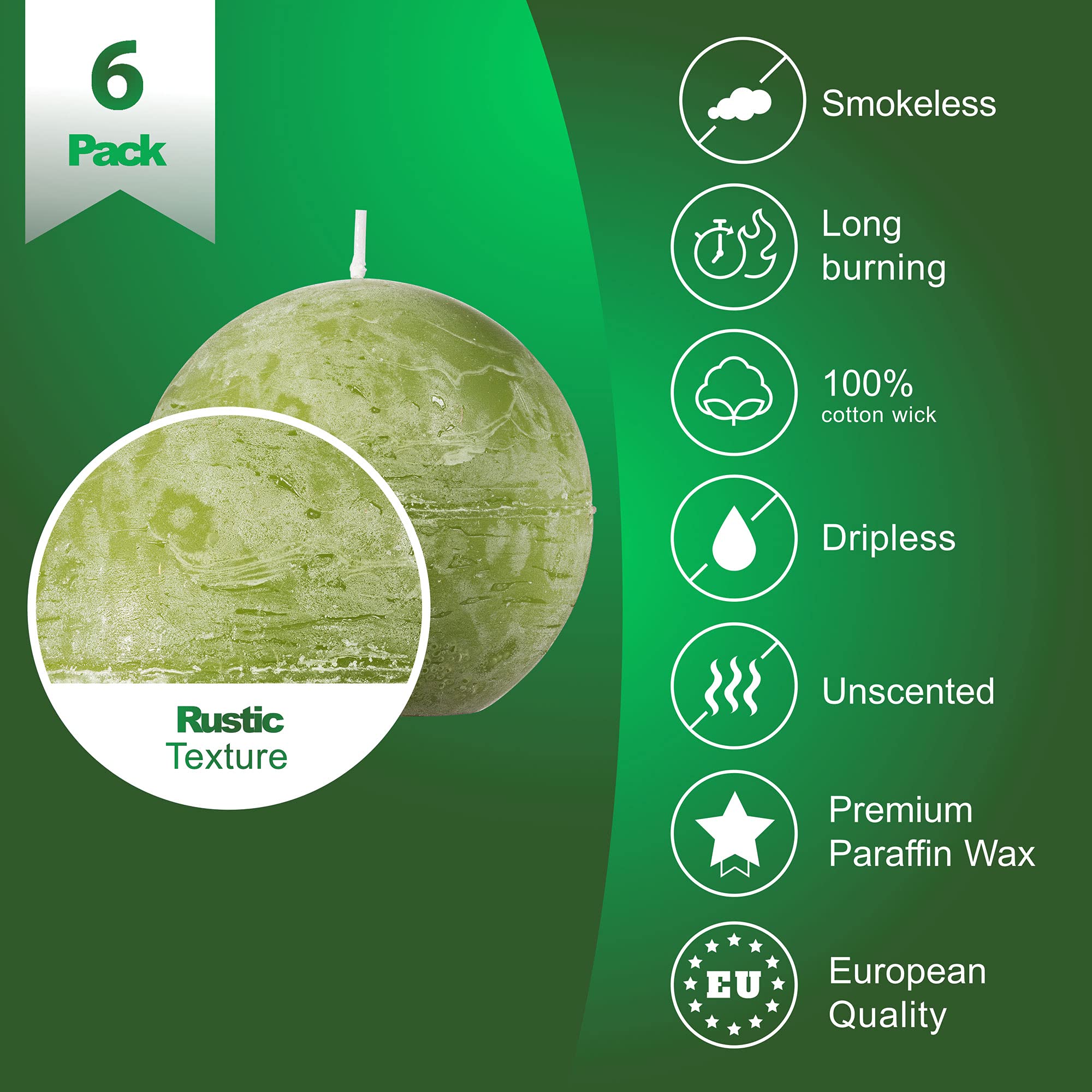 SPAAS Olive Green Round Candles - 3 Inch Rustic Ball Candles for Wedding, Party, Holiday & Home Decor - Set of 6 Paraffin Sphere Candles - Perfect for Centerpieces, Tablescapes & Romantic Ambiance